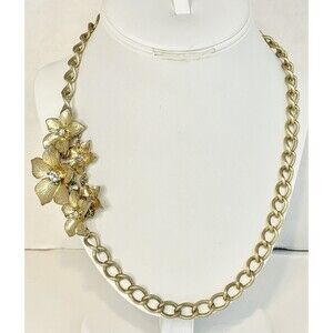 Vintage Necklace Flowers W/Rhinestone Centers Old Gold Tone Costume Jewelry 20”